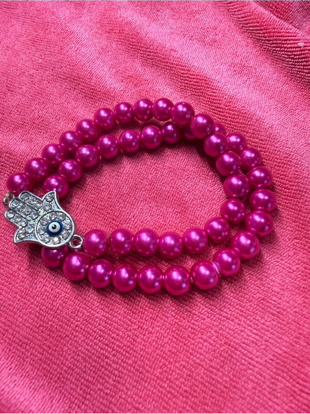 Hamsa Charm Double-Strand Pink Pearl Bracelet